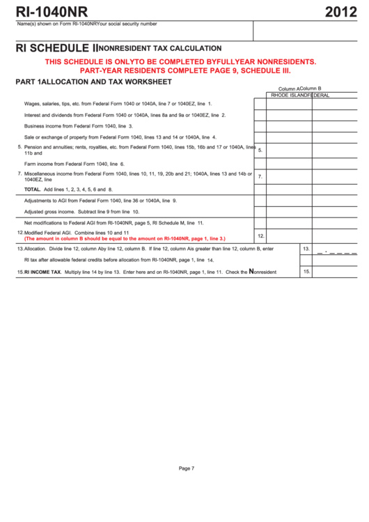 Form Ri-1040nr - Ri Schedule Ii - Nonresident Tax Calculation - 2012 Printable pdf