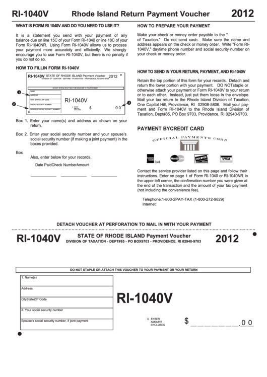 Fillable Form Ri-1040v - State Of Rhode Island Payment Voucher - 2012 Printable pdf