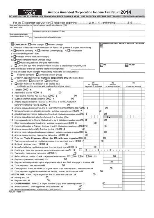 Fillable Arizona Form 120x - Arizona Amended Corporation Income Tax Return - 2014 Printable pdf
