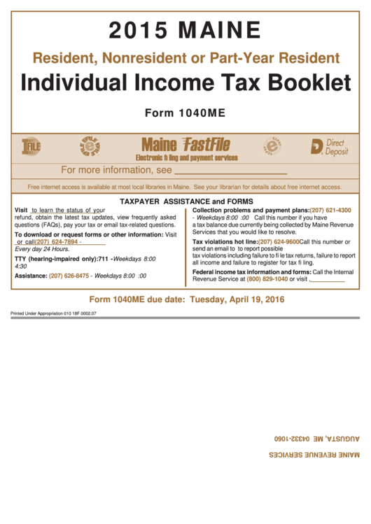 Fillable Form 1040me - Maine Individual Income Tax Booklet - 2015 Printable pdf