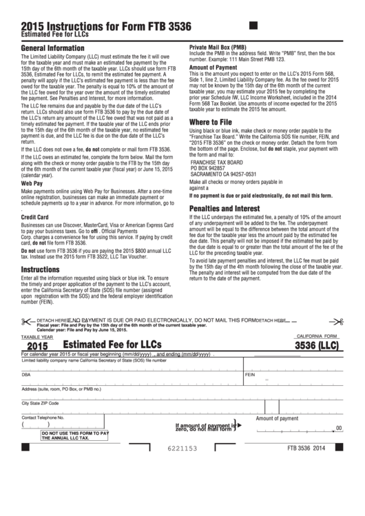 Fillable Form 3536 (Llc) - Estimated Fee For Llcs - 2015 Printable pdf