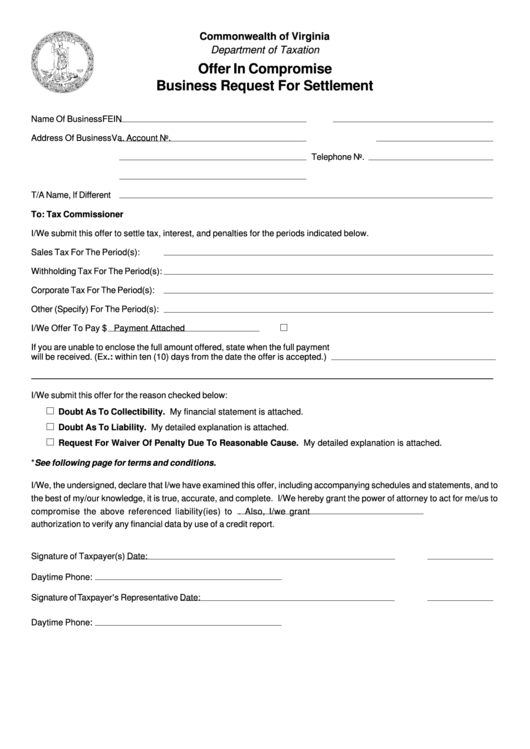 Fillable Offer In Compromise Business Request For Settlement Form Printable pdf