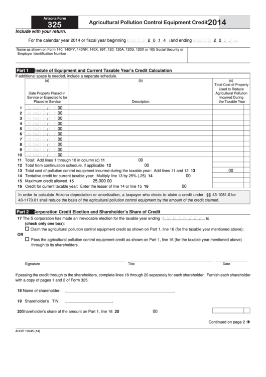 Fillable Form 325 - Arizona Agricultural Pollution Control Equipment Credit - 2014 Printable pdf