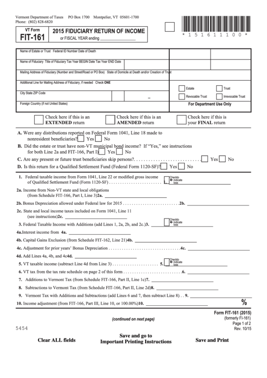 Fillable Form Fit-161 - Vermont Fiduciary Return Of Income - 2015 Printable pdf