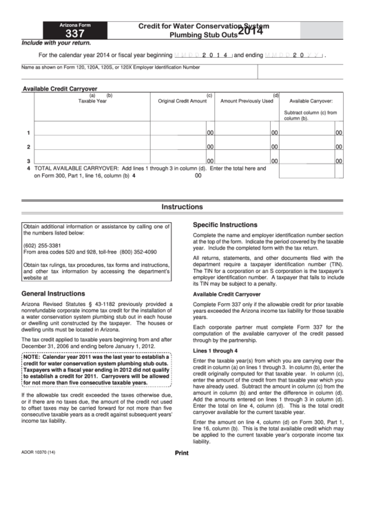 Fillable Form 337 - Arizona Credit For Water Conservation System Plumbing Stub Outs - 2014 Printable pdf
