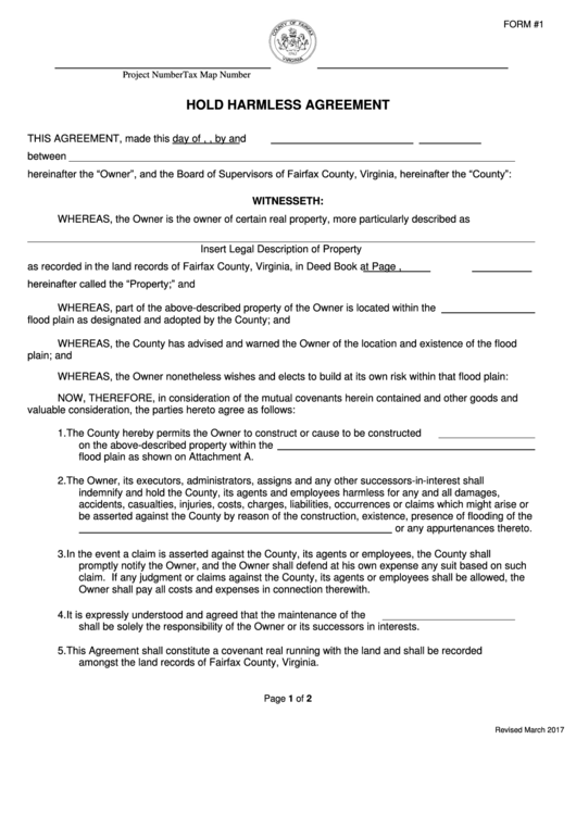 Form #1 - Hold Harmless Agreement - Fairfax County, Virginia Printable pdf