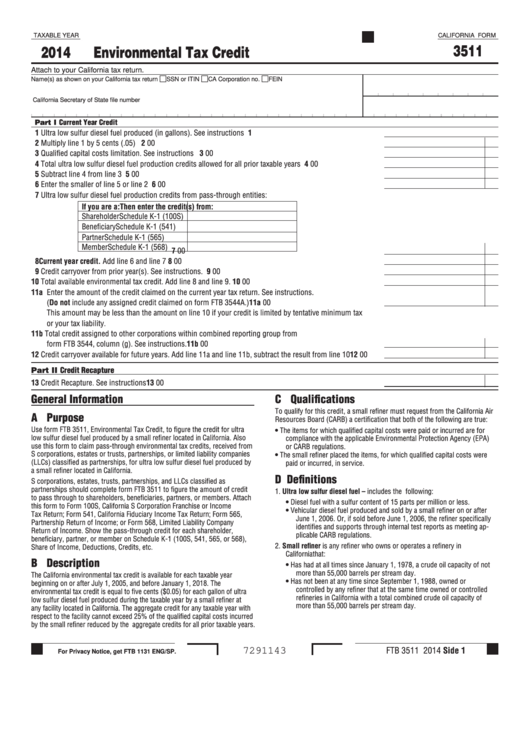 Form 3511 - California Environmental Tax Credit - 2014 Printable pdf