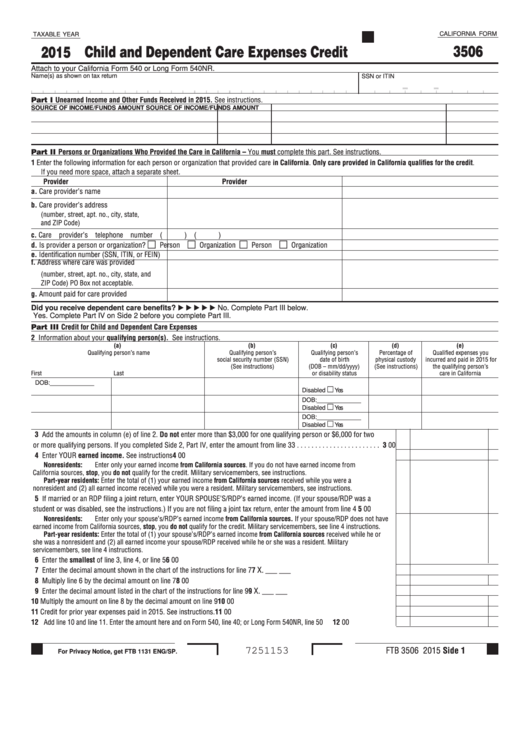Fillable Form 3506 - California Child And Dependent Care Expenses Credit - 2015 Printable pdf