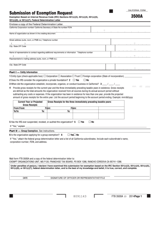 Form 3500a - California Submission Of Exemption Request Printable pdf