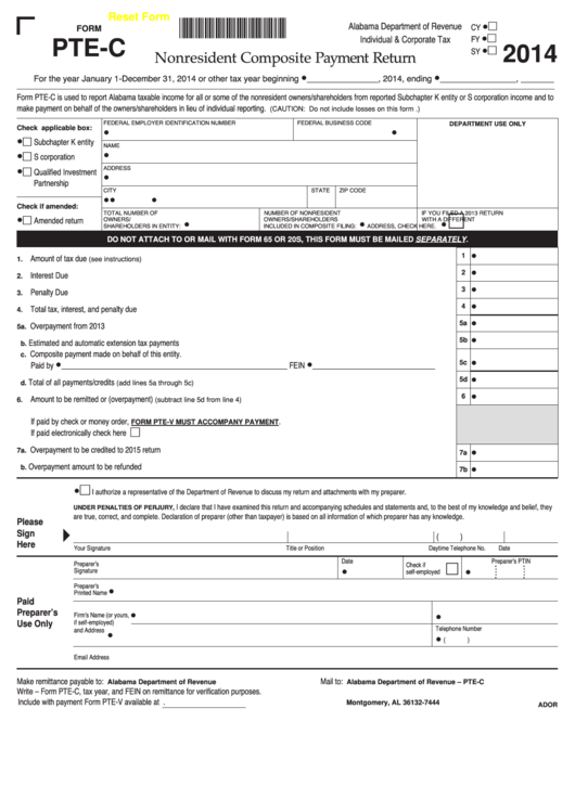 Fillable Form Pte-C - Alabama Nonresident Composite Payment Return - 2014 Printable pdf