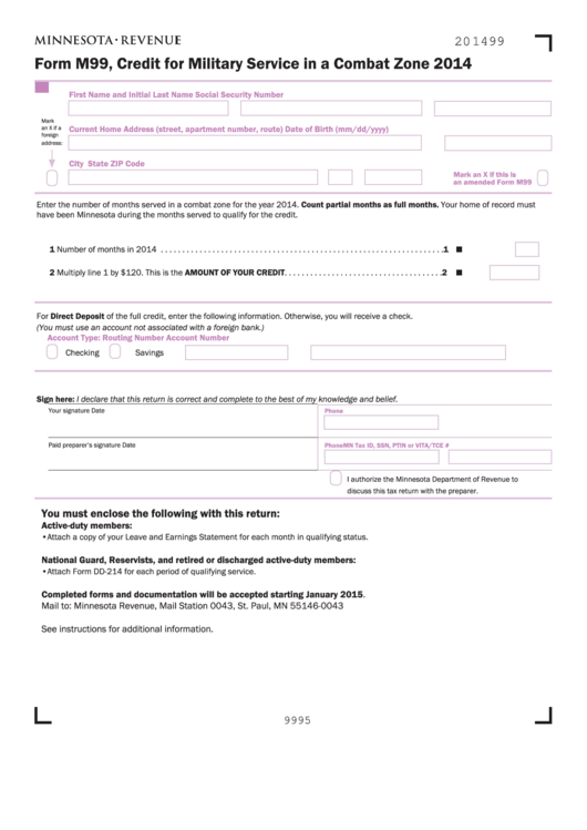 Form M99 - Minnesota Credit For Military Service In A Combat Zone - 2014 Printable pdf