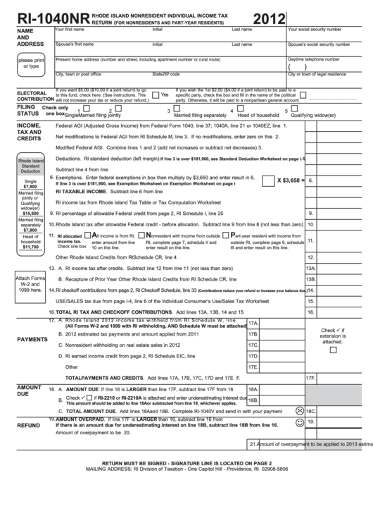 Fillable Form Ri-1040nr - Rhode Island Nonresident Individual Income Tax - 2012 Printable pdf