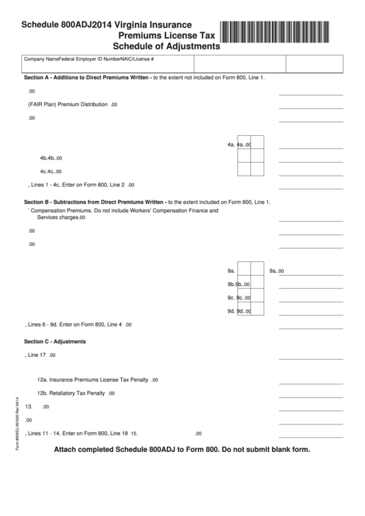 Fillable Schedule 800adj - Virginia Insurance Premiums License Tax Schedule Of Adjustments - 2014 Printable pdf