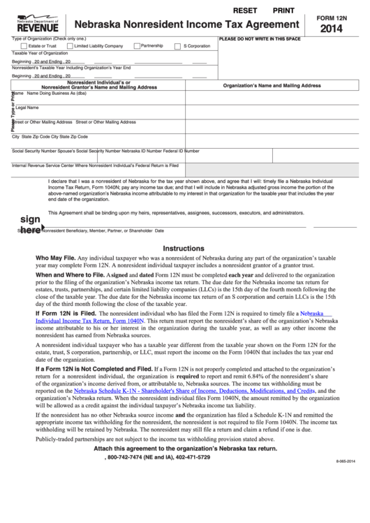 Fillable Form 12n - Nebraska Nonresident Income Tax Agreement - 2014 Printable pdf