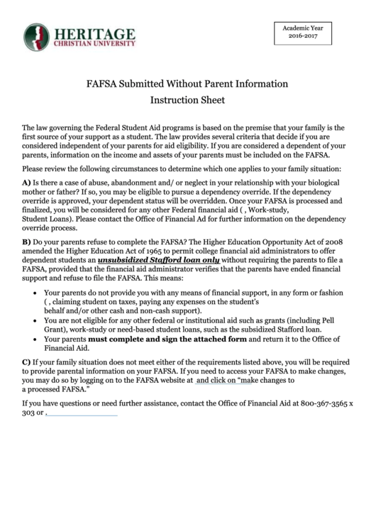 Fafsa Submitted Without Parent Information Instruction Sheet Printable pdf