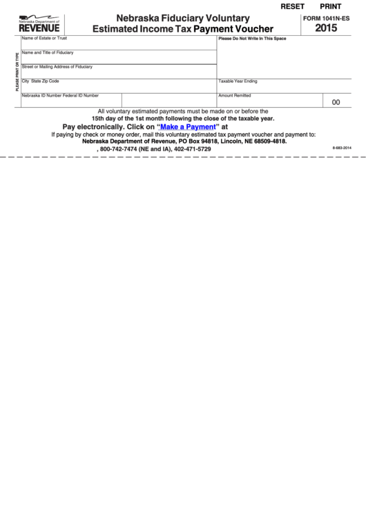 Fillable Form 1041n-Es - Nebraska Fiduciary Voluntary Estimated Income Tax Payment Voucher - 2015 Printable pdf