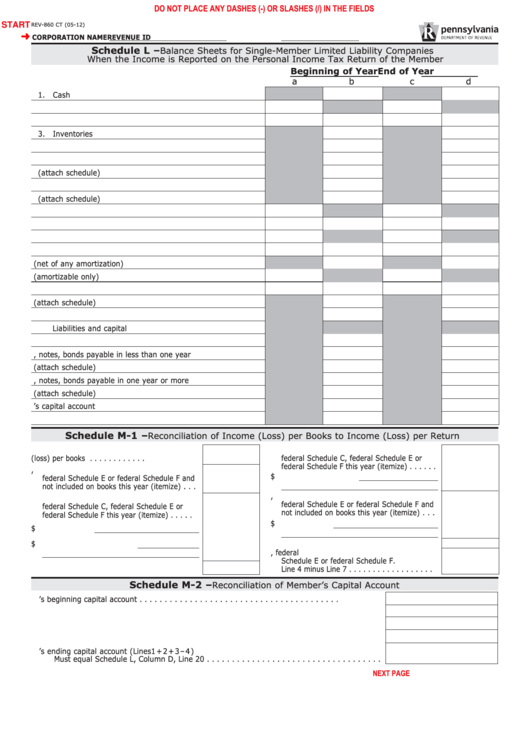 Fillable Form Rev-860 Ct - Schedule L - Balance Sheets For Single-Member Limited Liability Companies Printable pdf