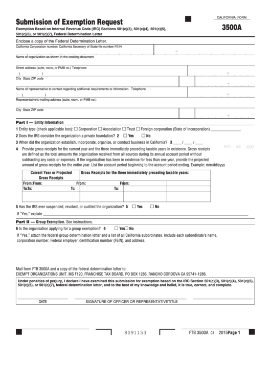Fillable Form 3500a - California Submission Of Exemption Request Printable pdf