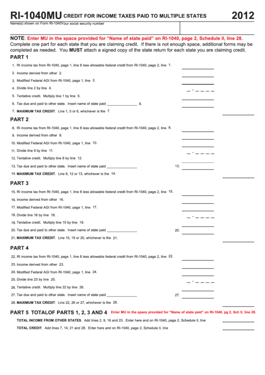 Fillable Form Ri-1040mu - Credit For Income Taxes Paid To Multiple States - 2012 Printable pdf