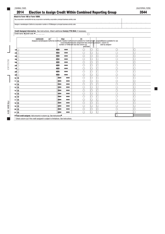Form 3544 - California Election To Assign Credit Within Combined Reporting Group - 2014 Printable pdf