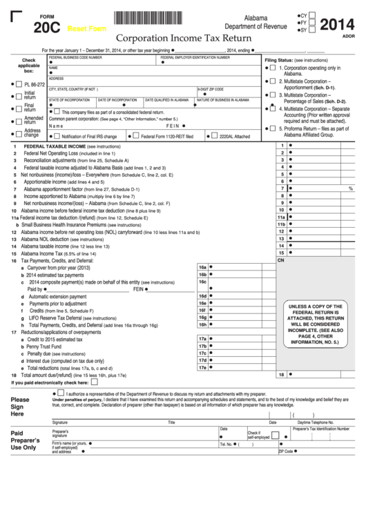 Fillable Form 20c - Alabama Corporation Income Tax Return - 2014 Printable pdf