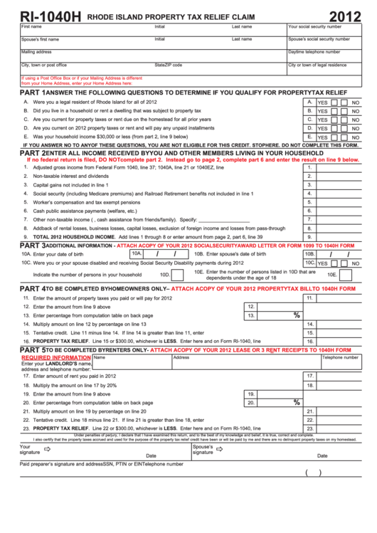 Fillable Form Ri-1040h - Rhode Island Property Tax Relief Claim - 2012 Printable pdf