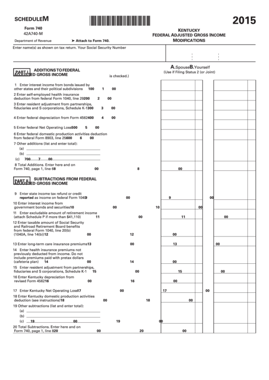Fillable Schedule M (Form 740) - Kentucky Federal Adjusted Gross Income Modifications - 2015 Printable pdf