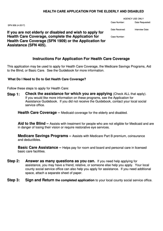 Form Sfn 958 - Health Care Application For The Elderly And Disabled