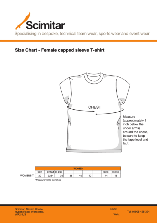 Size Chart - Female Capped Sleeve T-Shirt - Scimitar Sports Printable pdf
