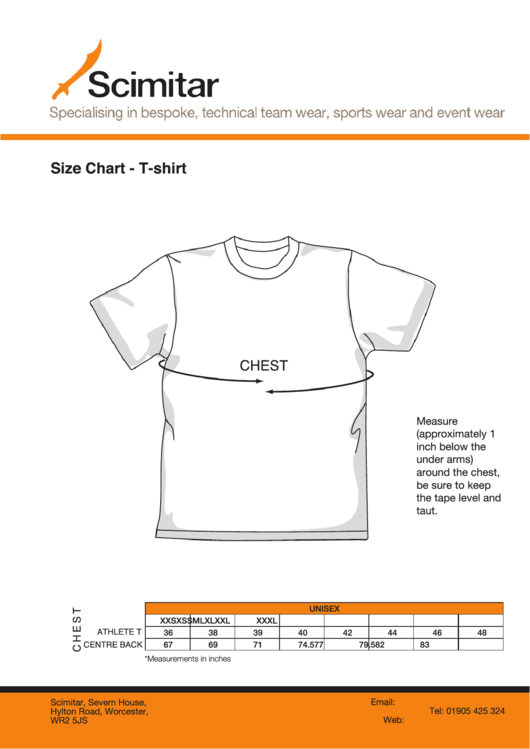 Size Chart - T-Shirt - Scimitar Sports Printable pdf