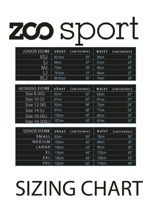 Sizing Chart - Zoo Sport Printable pdf