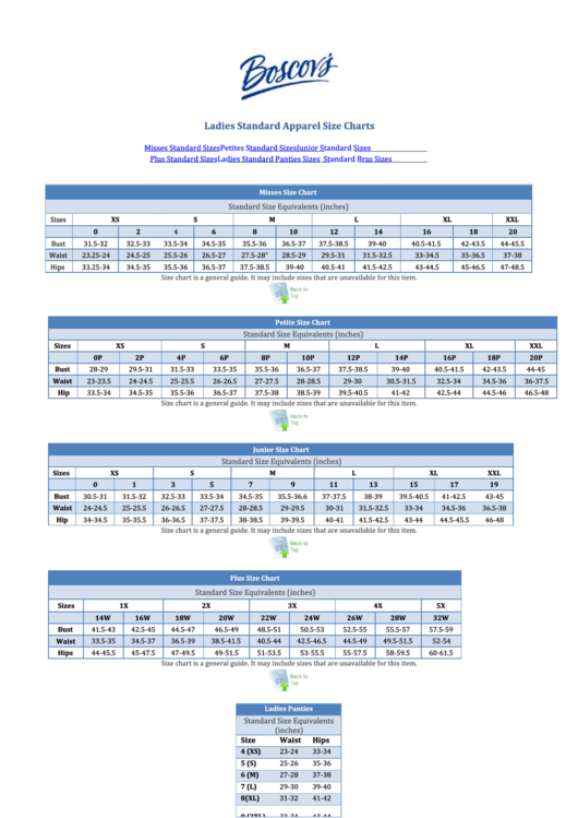Ladies Standard Apparel Size Charts - Boscovs Printable pdf