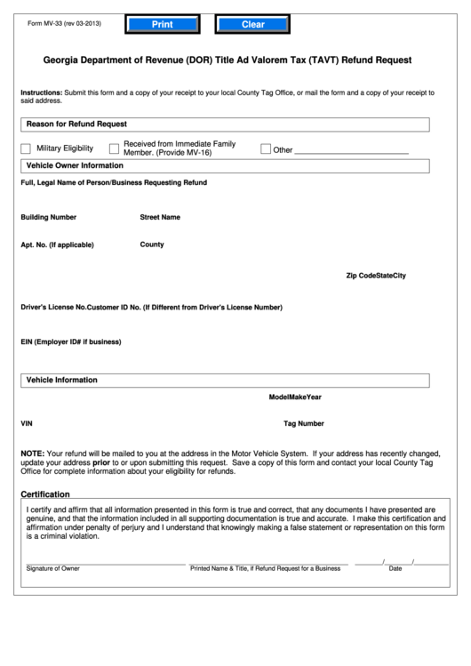 Form Mv-33 - Georgia Department Of Revenue (dor) Title Ad Valorem Tax (tavt) Refund Request