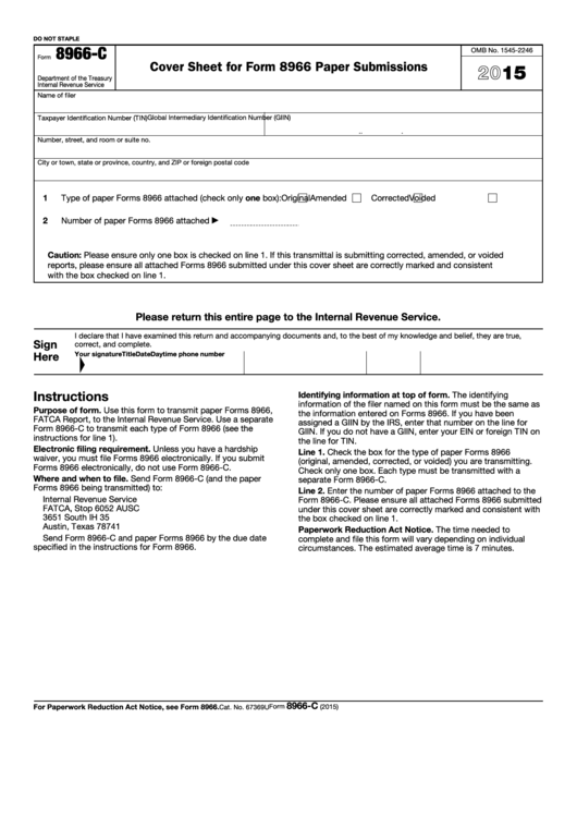 Fillable Form 8966-C - Cover Sheet For Form 8966 Paper Submissions - 2015 Printable pdf
