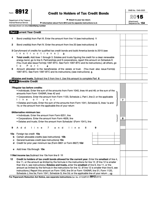 Fillable Form 8912 - Credit To Holders Of Tax Credit Bonds - 2015 Printable pdf