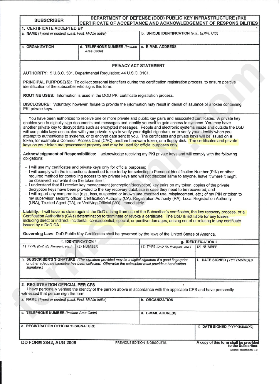 Dd Form 2842 - Certificate Of Acceptance And Acknowledgement Of Responsibilities Form