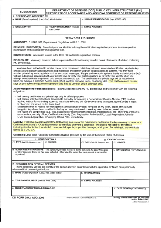 Dd Form 2842 - Certificate Of Acceptance And Acknowledgement Of Responsibilities Form Printable pdf