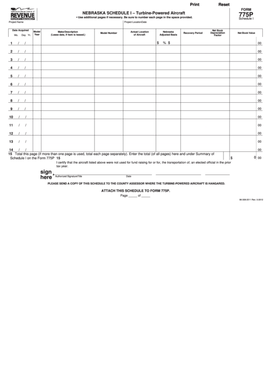 Fillable Form 775p - Nebraska Schedule I - Turbine-Powered Aircraft Printable pdf