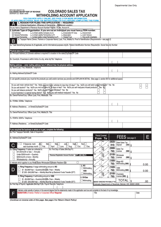 Fillable Form Cr 0100 - Colorado Sales Tax Withholding Account Application - 2013 Printable pdf