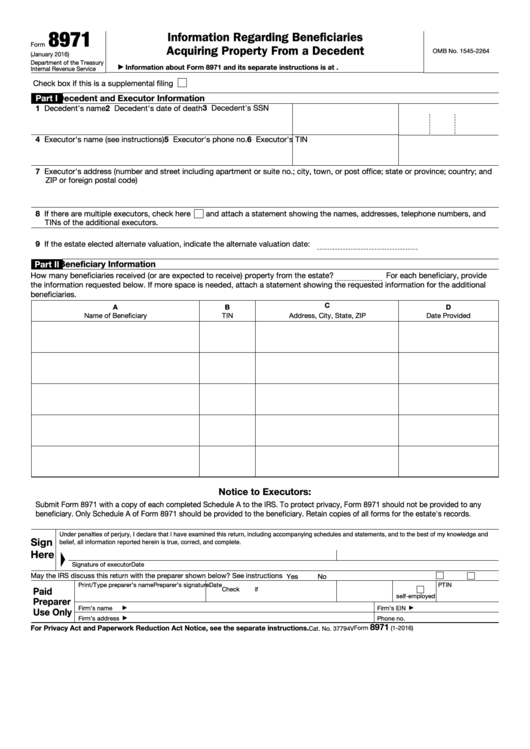 Fillable Form 8971 - Information Regarding Beneficiaries Acquiring Property From A Decedent - 2016 Printable pdf