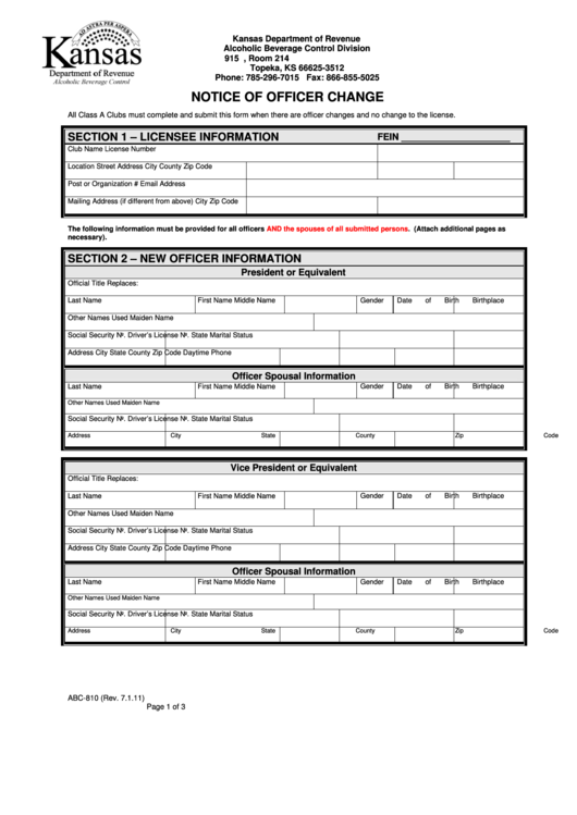 Fillable Form Abc-810 - Notice Of Officer Change Printable pdf