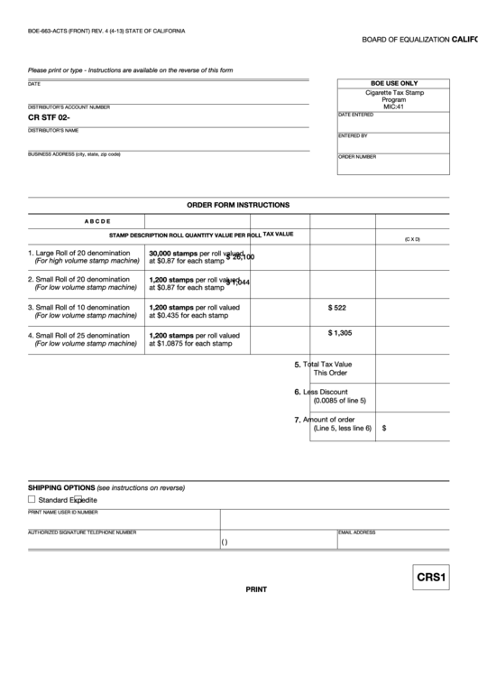 Fillable Form Boe-663-Acts - California Cigarette Tax Stamp Purchase Order Printable pdf