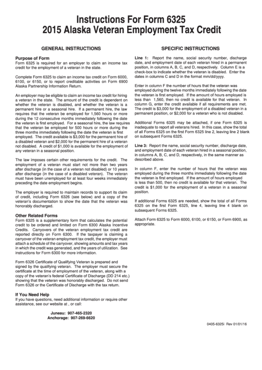 Instructions For Alaska Veteran Employment Tax Credit (Form 6325) - 2015 Printable pdf