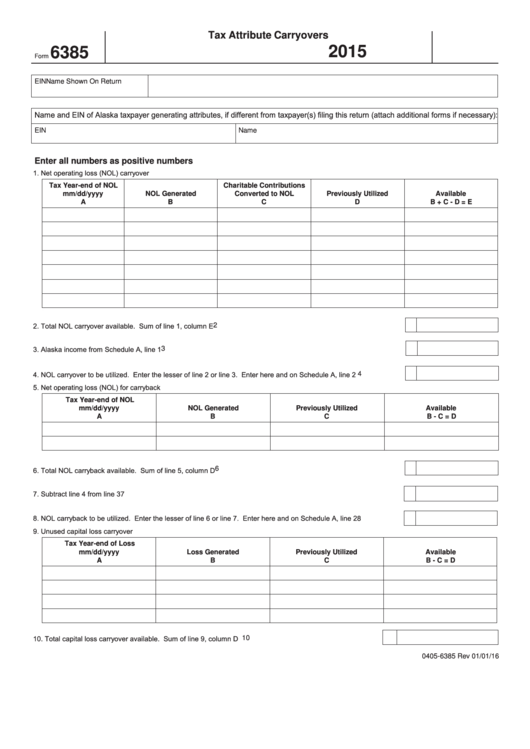 Form 6385 - Tax Attribute Carryovers - 2015 Printable pdf