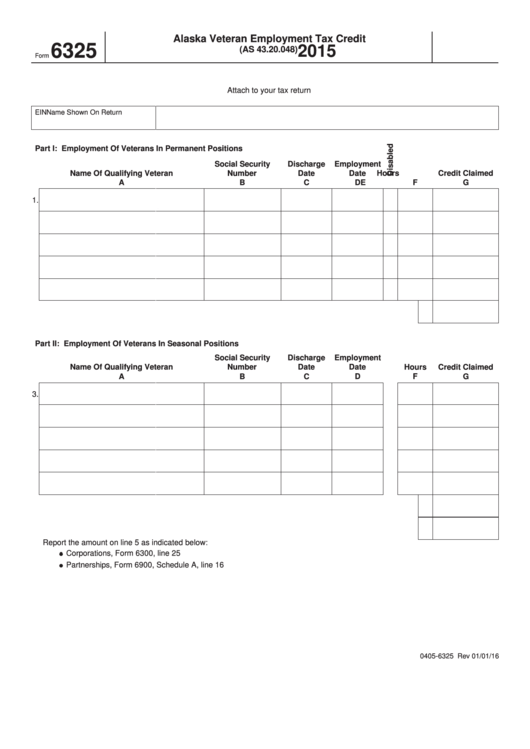 Form 6325 - Alaska Veteran Employment Tax Credit - 2015 Printable pdf