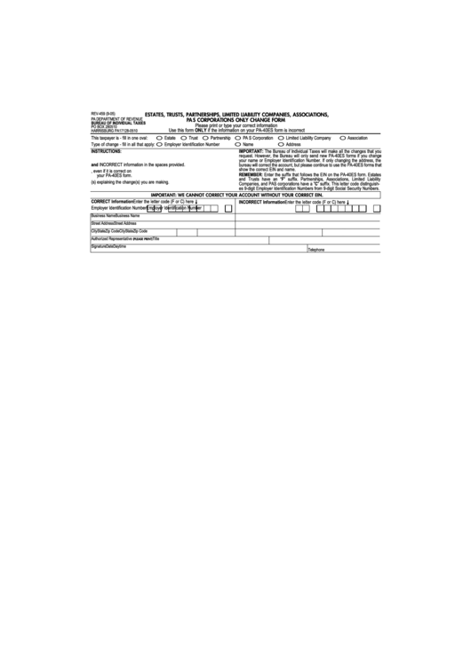 Form Rev-459 - Pa S Corporations Only Change Form Printable pdf