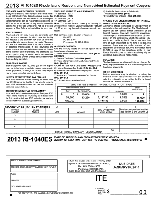 Form Ri-1040es - State Of Rhode Island Estimated Payment Coupon - 2013 Printable pdf