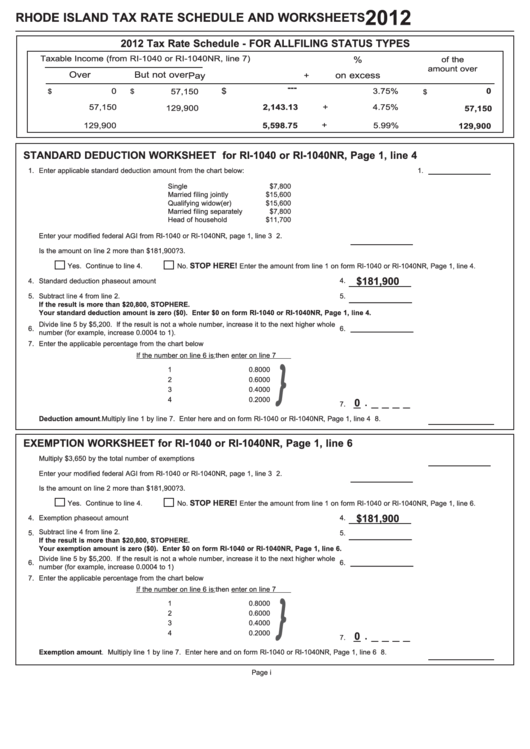 Fillable Rhode Island Tax Rate Schedule And Worksheets (Forms Ri-1040 Or Ri-1040nr) - 2012 Printable pdf
