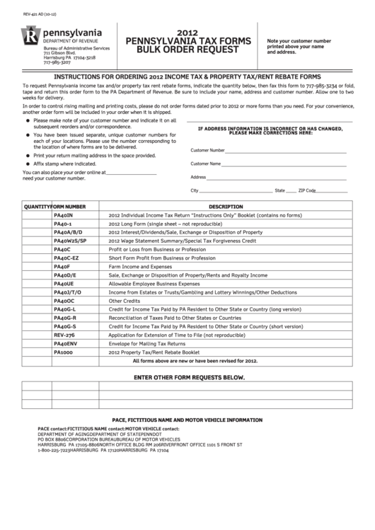 Form Rev-421 Ad - Bulk Order Request - 2012 Printable pdf