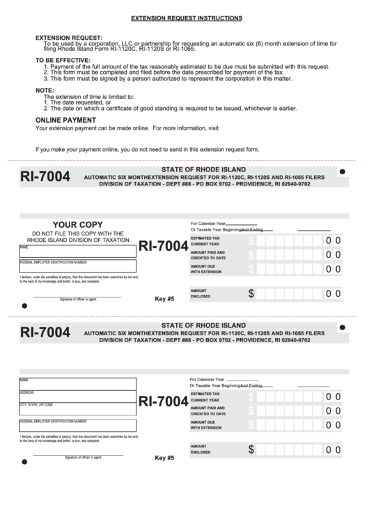 Fillable Form Ri-7004 - Automatic Six Month Extension Request For Ri-1120c, Ri-1120s And Ri-1065 Filers Printable pdf